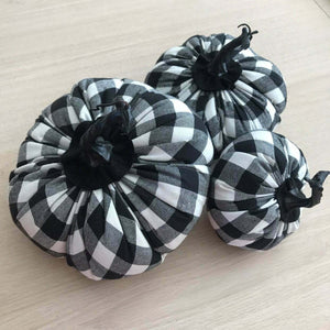 Conjunto de 3 piezas de tela a cuadros con calabazas de peluche y decoración otoñal, estampado de cuadros vichy en blanco y negro