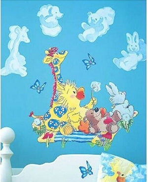 Little Suzy's Zoo Baby Nursery Wall Mural Decals Butterflies Duck Bear Bunny Giraffe & Animal Shaped Clouds