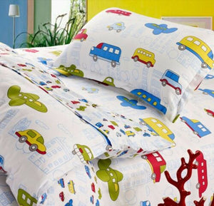 Transportation City Cars & Airplanes Boys Bedding Twin Duvet Cover Set White Red Blue