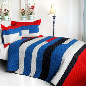 Red White Blue & Navy Striped Geometric Kids Boy Bedding Full/Queen Quilt Set Modern Bedspread