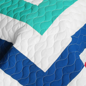 Blue White Turquoise & Hot Pink Geometric Teen Bedding Full/Queen Quilt Set Modern Bedspread