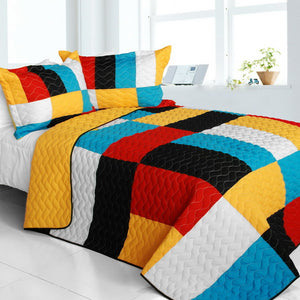 Yellow Blue Red Back White Geometric Teen Bedding Full/Queen Quilt Set Patchwork Bedspread