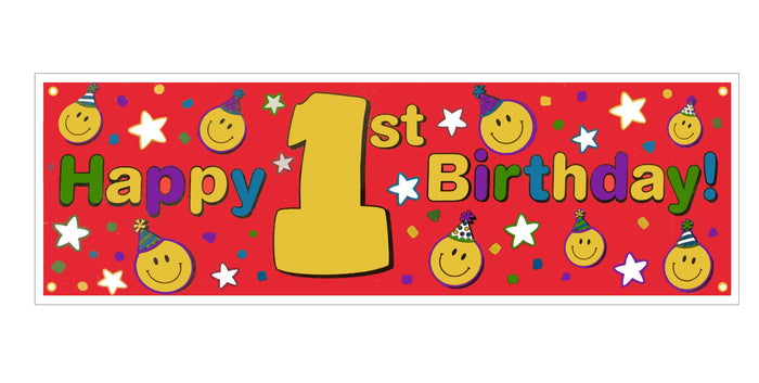 Smiley Face First 1st Birthday Giant Red Plastic Party Banner 60" (5 ft) x 20" Boy or Girl