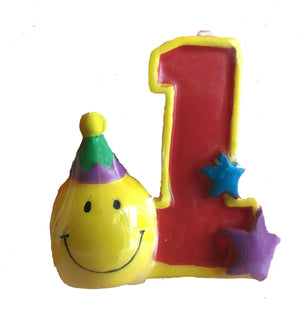 Smiley Face First 1st Birthday Shaped Candle Party Cake Topper 2"