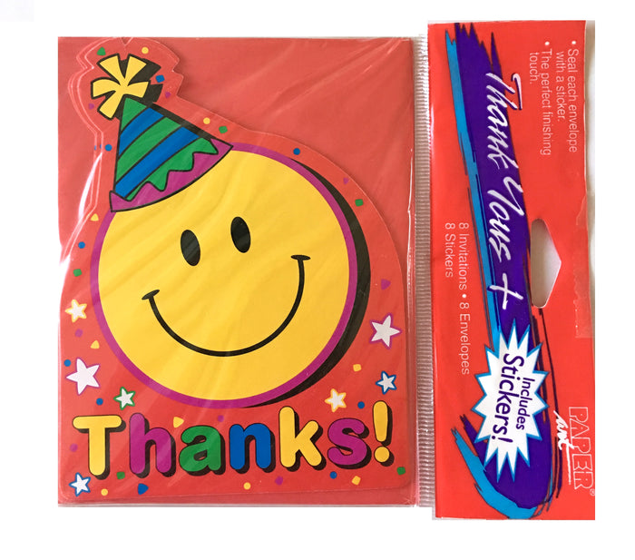 Smiley Face Birthday Party Die Cut Thank You Cards 8 CT with Stickers