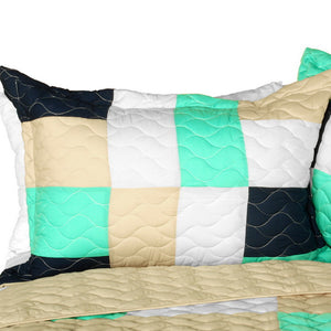 Black White Cream & Green Geometric Teen Bedding Full/Queen Quilt Set - Pillow Sham