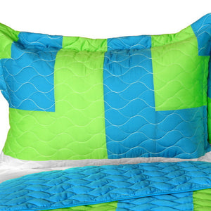 Turquoise Blue Green & White Striped Teen Bedding Full/Queen Quilt Set - Pillow Sham