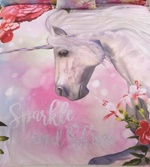 Pink Sparkling Unicorn Bedding Duvet / Comforter Cover Set Twin Full Queen with Glitter