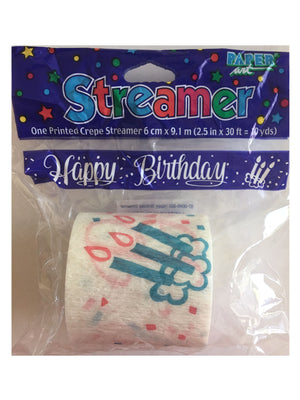 Happy Birthday Party Crepe Streamer 30 FT (10 Yards) Pink Script with Blue Birthday Candles