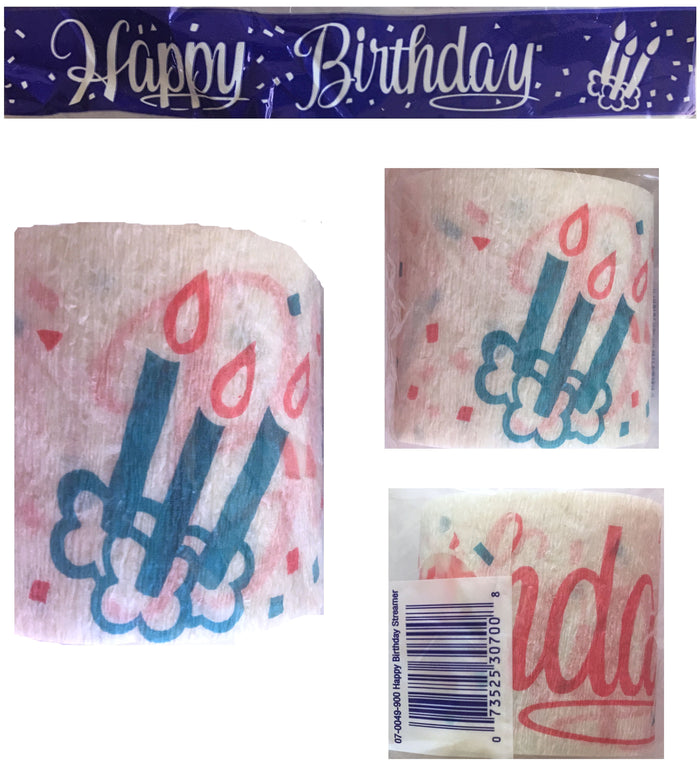 Happy Birthday Party Crepe Streamer 30 FT (10 Yards) Pink Script with Blue Birthday Candles
