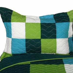 Green Blue White Patchwork Teen Boy Bedding Full/Queen Quilt Set Geometric Modern Bedspread