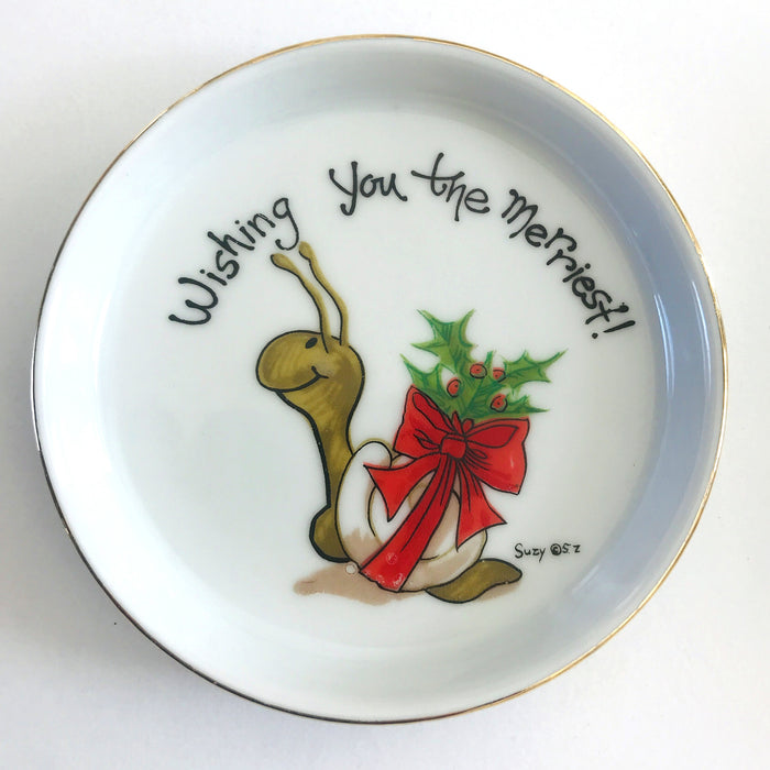 New Suzy's Zoo Christmas Snail 'Wishing You The Merriest!' Ceramic Coaster Dish Vintage Collectible 1976