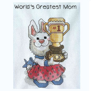 Vintage Suzy's Zoo Stamped Cross Stitch Kit with Frame or PDF Pattern Chart Instructions World's Greatest Mom Bunny Rabbit with a Trophy Janlynn 1981 38-96