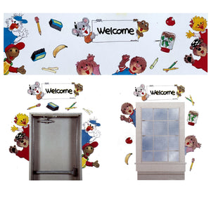 Vintage Suzy's Zoo Giant Welcome Go Arounds School Teacher Classroom Bulletin Board Characters 23" x 9" Ensemble d'art scolaire 14 pièces Peinture murale Porte Fenêtre Collection