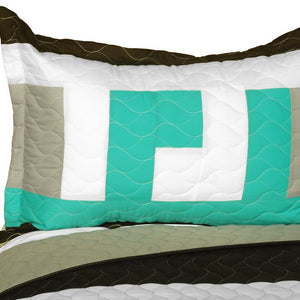 Black White Grey Green Geometric Teen Boy Bedding Full/Queen Quilt Set - Pillow Sham