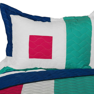 Blue White Green & Hot Pink Geometric Teen Bedding Full/Queen Quilt Set Modern Bedspread - Pillow Sham