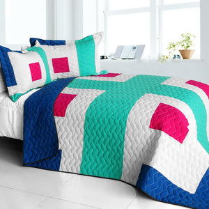 Blue White Green & Hot Pink Geometric Teen Bedding Full/Queen Quilt Set Modern Bedspread