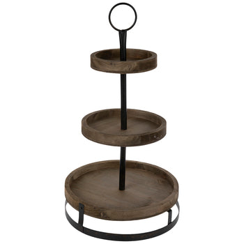 Rustic Farmhouse 20" Decorative Tray Distressed Wood Look Three-Tiered Display Stand with Metal Loop Ring