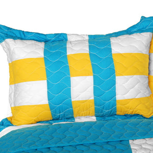Turquoise Blue Yellow & White Striped Teen Bedding Full/Queen Quilt Set - Pillow Sham