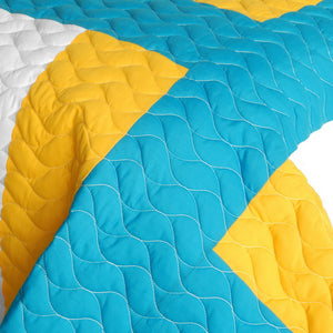 Turquoise Blue Yellow & White Striped Teen Bedding Full/Queen Quilt Set - Detail