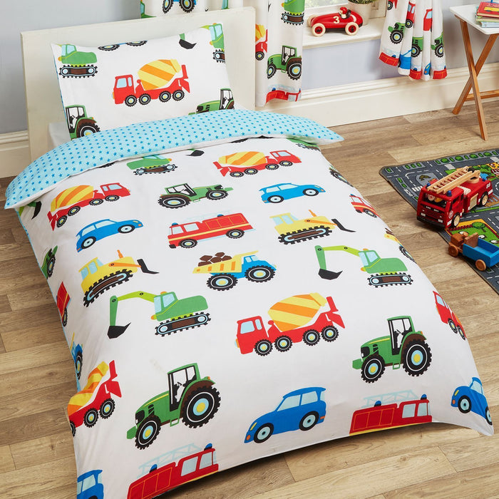 Cars & Trucks Construction Transportation Vehicles Boys Bedding Duvet Comforter Cover Set Toddler Twin Full or Curtains