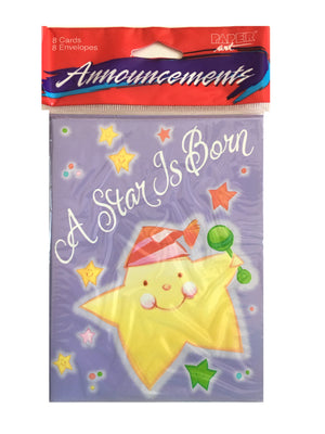 A Star Is Born Baby Birth Announcement Cards 8 CT - Purple with Yellow Star Twinkle Twinkle