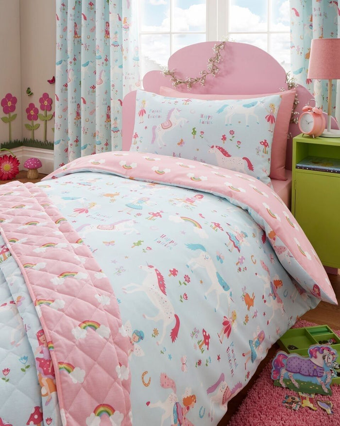 Pink Blue Magical Unicorn & Fairies Bedding Twin Duvet Cover Set Rainbows & Clouds Reversible