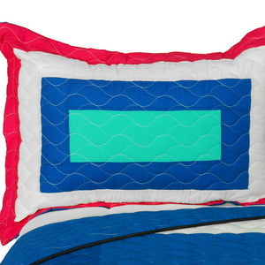 Hot Pink Blue White & Turquoise Teen Bedding Full/Queen Geometric Quilt Set - Pillow Sham