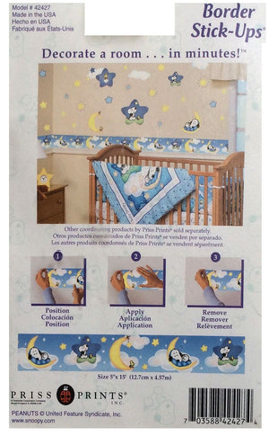 Vintage New Sleepy Time Baby Snoopy Blue Wall Border with Moon & Stars –