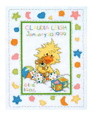 Vintage Little Suzy's Zoo Witzy Yellow Duck with Teddy Bear Baby Birth Announcement Counted Cross Stitch Kit or PDF Chart Instruction Pattern Keepsake Sampler Gift 1999