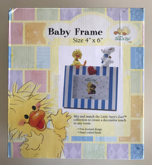 Little Suzy's Zoo Witzy Duck & Lulla Bunny Baby Animals Nursery Keepsake Photo Frame for 4" x 6" Picture Blue White Striped