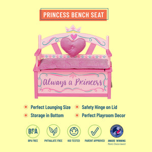 Luxury Pink Princess Wooden Bench Seat with Storage Kids Girl Play Furniture with Safety Hinge 32" x 15" x 27"