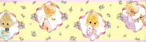 Vintage New Precious Moments Girls & Animals Yellow Wall Border with Pink Ribbons Self-Adhesive Peel and Stick