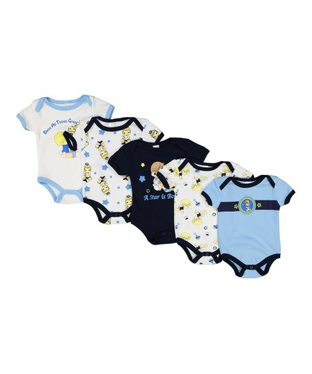 Precious Moments 5pc Blue Baby Boy Onesies One-Piece Creeper Bodysuit 0-3 Month 5-Pack Layette Clothing Gift Set Baby Shower